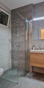 een badkamer met douche, toilet en wastafel bij Studio Tabacariei in Constanţa +28 foto's