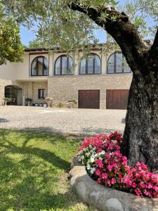 a tree and flowers in front of a building at Heart House Franciacorta in Erbusco