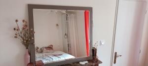 a mirror in a room with a bed in it at Ferme des Ormeaux 