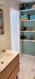 a bathroom with a sink and a shelf with towels at Ferme des Ormeaux 