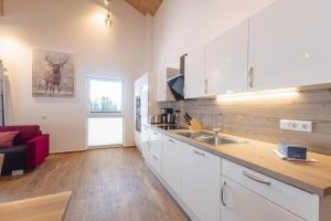 a kitchen with white cabinets and a red couch at Appartementhaus zum Moserlhof in Ennsling
