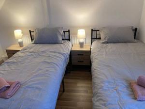 2 łóżka pojedyncze w pokoju z 2 lampami w obiekcie Trent Bridge house w Nottingham