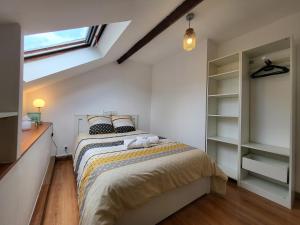 ein Schlafzimmer mit einem Bett und einem Bücherregal in der Unterkunft Le Nouvo : bel appartement entièrement rénové in Corbeil-Essonnes