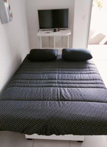 Una cama con dos almohadas en una habitación con televisión. en Studio avec terrasse 2 personnes, en Le Lavandou