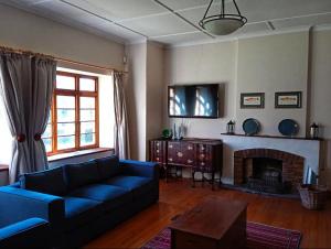 ein Wohnzimmer mit einem blauen Sofa und einem Kamin in der Unterkunft Glengyle Guest Farm in Barkly East