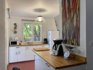 een keuken met een aanrecht met een koffiezetapparaat bij Maison Avec jardin clôturé in LʼIsle-sur-la-Sorgue