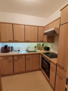 a kitchen with wooden cabinets and a sink at City Center Golden Roof 8 in Innsbruck