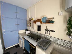 a kitchen with a sink and blue cabinets at Xixon Centro in Gijón