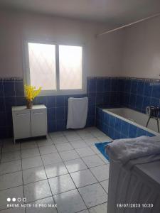 塔那那利佛的住宿－Villa Saphira，蓝色瓷砖浴室设有浴缸和水槽