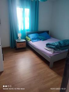 1 dormitorio con 1 cama con cortinas azules y suelo de madera en Villa Saphira en Antananarivo