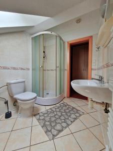 e bagno con servizi igienici, vasca e lavandino. di Hostinec u Řeky a Ostravice