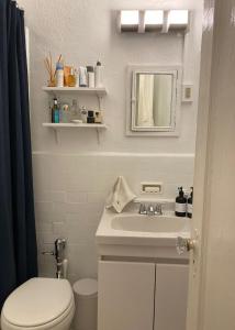 a white bathroom with a toilet and a sink at Charming Studio West Village in New York