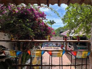 - un ensemble de chaises assises sur une terrasse couverte fleurie dans l'établissement Tree of Life - Hostel, à Barichara