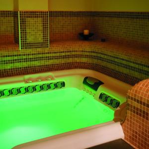 eine grüne Badewanne in einem Zimmer mit einer gefliesten Wand in der Unterkunft Concordia Hotel in San Possidonio