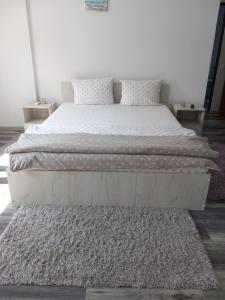 a bedroom with a white bed and a rug at Dana Studio in Tulcea