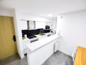 uma cozinha branca com um lavatório e um fogão em Tu lugar en Córdoba - Departamento Premium em Córdoba