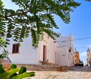 une rue avec un bâtiment blanc et un arbre dans l'établissement Le dimore di Bobo, à Bernalda