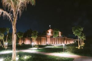 a building lit up at night with palm trees at VILLA GRUMOLARA in Lamezia Terme