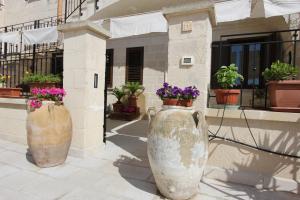 two large vases with flowers on the side of a building at Residence Borgo Antico in Diso