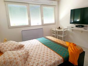 een slaapkamer met een bed en een flatscreen-tv bij Bron centre appartement meublé avec jacuzzi in Bron