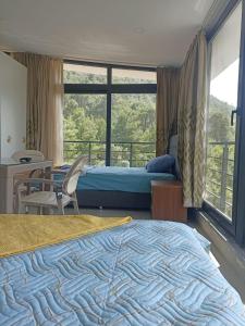 a bedroom with a bed and a window with a view at Han Apart Otel in Didim