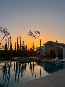 ein großer Pool mit Palmen und ein Haus in der Unterkunft Dar Ghita en campagne in Ben Slimane
