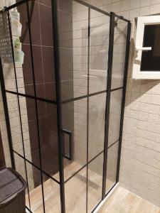 um chuveiro com portas de vidro na casa de banho em Apartman - Jaksa em Bar