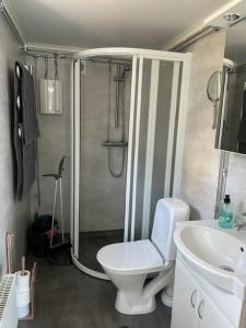 uma casa de banho com um chuveiro, um WC e um lavatório. em Guest house at Baltic Sea Oskarshamn em Oskarshamn