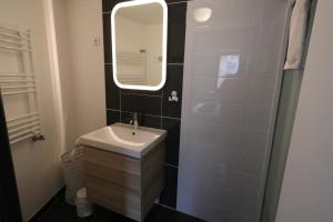 a bathroom with a sink and a mirror at Maison avec terrasses à 300m de la mer Juno Beach in Bernières-sur-Mer +38 photos
