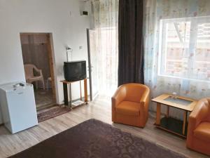 a living room with a tv and a chair at Eforie Brio in Eforie Nord