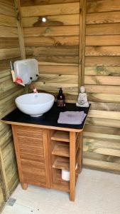 a bathroom with a sink in a wooden wall at Yourte proche canal in Saffré