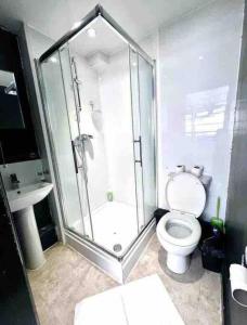 a bathroom with a shower and a toilet and a sink at Studio Apartment in London in London