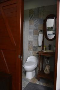 een badkamer met een toilet, een wastafel en een spiegel bij La Estancia Hotel Boutique in Salamina