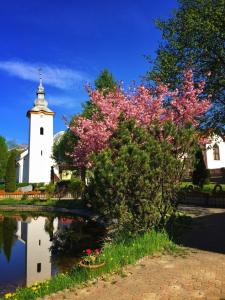 une église avec une tour et un arbre avec des fleurs roses dans l'établissement Housing HELLA, à Nová Lesná