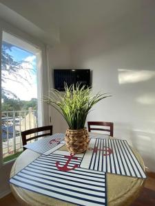 einen Esstisch mit einer Topfpflanze darauf in der Unterkunft Appartement du bonheur ! Av de la Mer in Saint-Jean-de-Monts