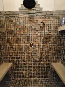 a shower in a bathroom with a tiled wall at Villa Asia in Viagrande