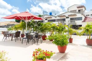 un patio con mesas, sillas y plantas en Hotel Corozal Plaza en Corozal