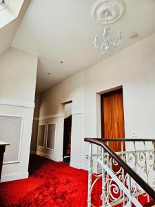 un escalier avec un lustre et un tapis rouge dans l'établissement Gala Hotel, à Pforzheim