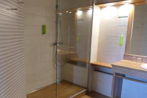 a shower with a glass door in a bathroom at Au Relais de l'Ill in Sermersheim