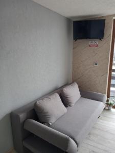 un sofá con 2 almohadas sentado en una habitación en Morska Bryza en Chłopy