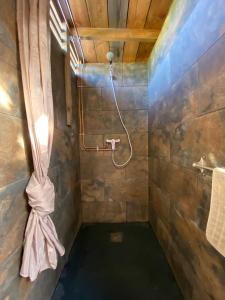 La salle de bains est pourvue d'une douche et d'un mur en pierre. dans l'établissement Bohémienne regarde la mer., à Plogoff