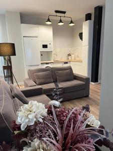 sala de estar con sofá y cocina en Precioso y céntrico apartamento, en Zaragoza