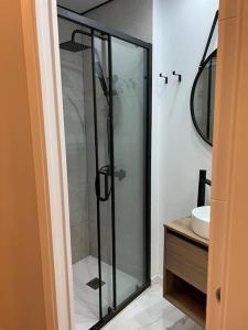 a glass shower in a bathroom with a sink at Precioso y céntrico apartamento in Zaragoza