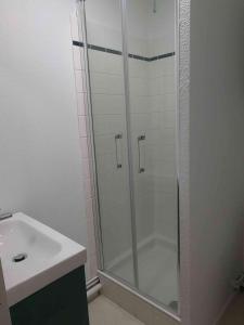 a bathroom with a shower and a white sink at Maison 8 couchages 2 ** au cœur de la montagne in Vignec