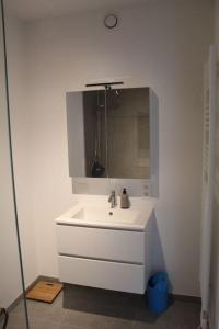 La salle de bains est pourvue d'un lavabo blanc et d'un miroir. dans l'établissement Ruim nieuwbouwappartement oostduinkerke, à Oostduinkerke