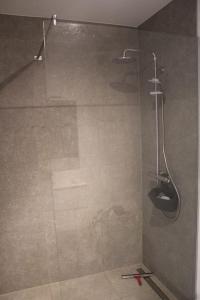 La salle de bains est pourvue d'une douche et d'une porte en verre. dans l'établissement Ruim nieuwbouwappartement oostduinkerke, à Oostduinkerke