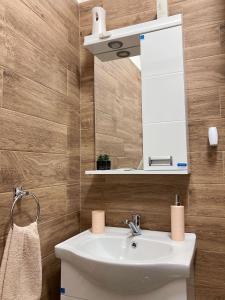 ein Bad mit einem Waschbecken und einem Spiegel in der Unterkunft Aurora Apartment in Kikinda