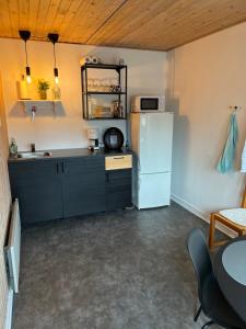 een keuken met een koelkast en een wastafel bij Hyggeligt lille anneks tæt på Ribe in Ribe