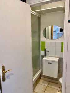 La salle de bains est pourvue d'une douche, d'un lavabo et d'un miroir. dans l'établissement Studio entre Aix en Provence et Marseille et parking, à Septèmes-les-Vallons