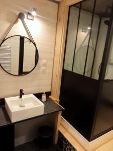 uma casa de banho com um lavatório e um espelho em Gîte le lénio em Langogne